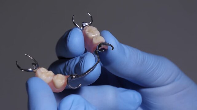 A dental technician in blue gloves carefully holds a partial denture, showcasing its design and components, with a neutral background emphasizing the focus on the dental appliance