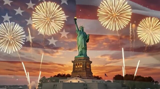 Statue of liberty with fireworks and american flag background celebrating independence day