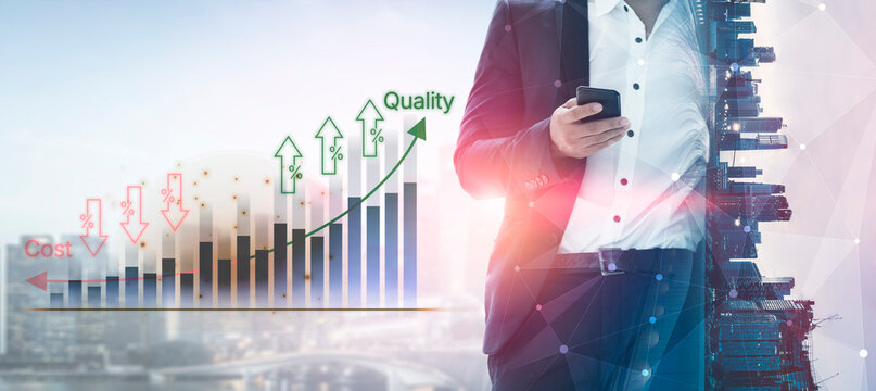 Businessman with Smartphone Analyzing Economic Trends and Growth Metrics in Modern Cityscape with Charts and Graphs Representing Quality and Cost Factors. Bitwise.