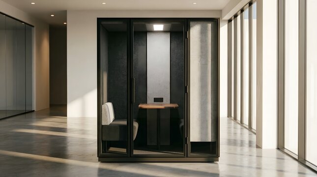Modern soundproof office phone booth featuring a minimalist interior design with a wooden table and comfortable seating in bright lighting