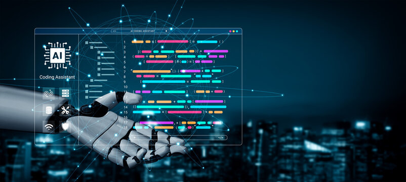A robotic hand presents an advanced coding assistant interface, showcasing vibrant data lines against a dynamic city skyline backdrop at night, symbolizing technology innovation. Cyphers