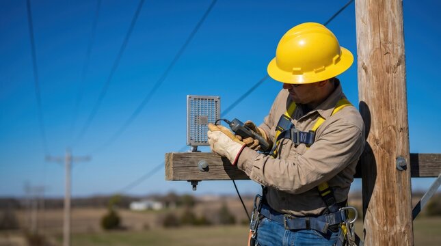 Lineworker in safety gear and hard hat testing an electrical utility pole with a diagnostic device