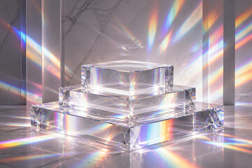 Naklejka premium Crystal blocks reflecting rainbow light on marble surface