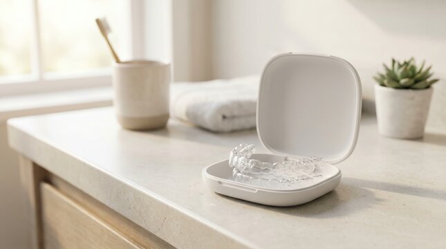 Clear dental aligners in a storage case sitting on a bathroom counter next to a toothbrush