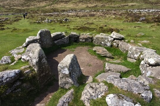 ancient stone circle ruins on grass - Dartmoor - England