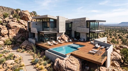 Fototapeta premium Modern concrete house with swimming pool built into desert rocks