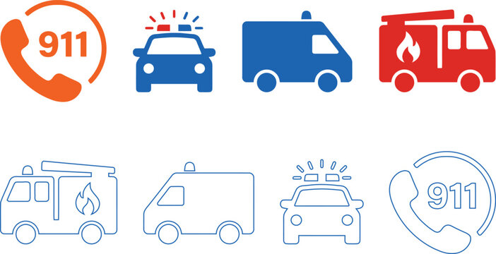 Emergency service icons set including phone call ambulance police car and fire engine.