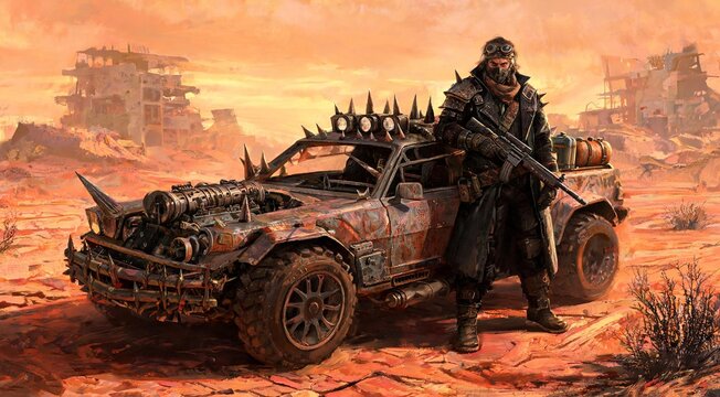 Oil painting illustration of mad max style heroes. One person near futuristic car. Post-apocalyptic
