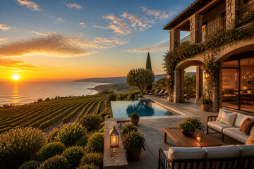 Obraz premium Villa terrace overlooking pool and coastal vineyard at sunset