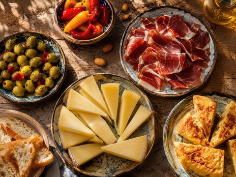 &Uuml;ppige spanische Tapasplatte mit Serrano-Schinken, Manchego, Tortilla, Oliven, Paprika und Brot. Mediterrane Vorspeisen stilvoll arrangiert im warmen Sonnenlicht.
