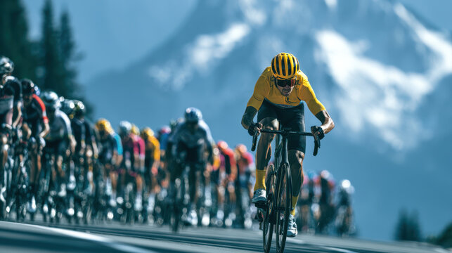 professional bicycle riders in a large peloton racing fast on an asphalt road with a leader wearing a yellow jersey against a majestic blurry snow covered mountain peak backdrop scenery background