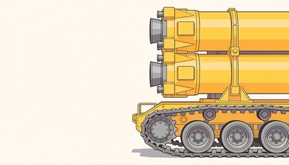Naklejka premium Flat vector illustration of a heavy yellow tracked military or aerospace vehicle transporting two large rocket boosters or missiles, side profile view on a light background with copy space.