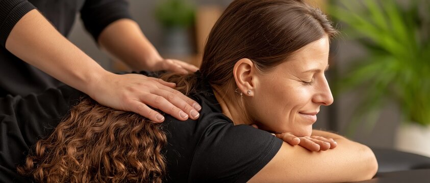 A woman relaxes with closed eyes during a therapeutic back massage, set against a blurred background of greenery.