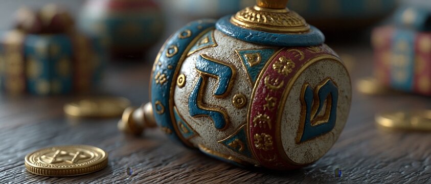 An ornate, colorful dreidel rests on a wooden surface with gold coins scattered nearby, serving as a festive background for holiday celebration.