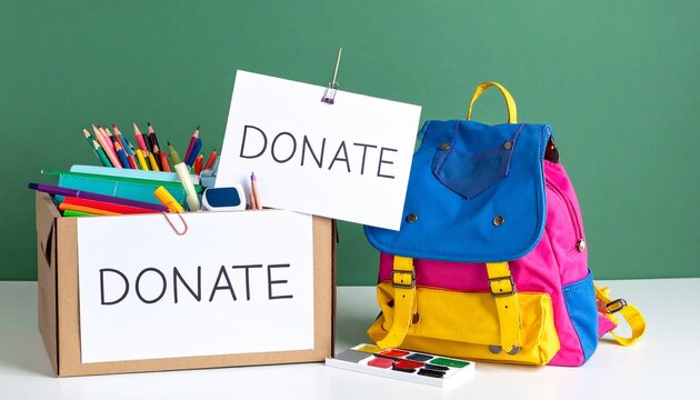 Donation box with school supplies and colorful backpack against green background for charity drive