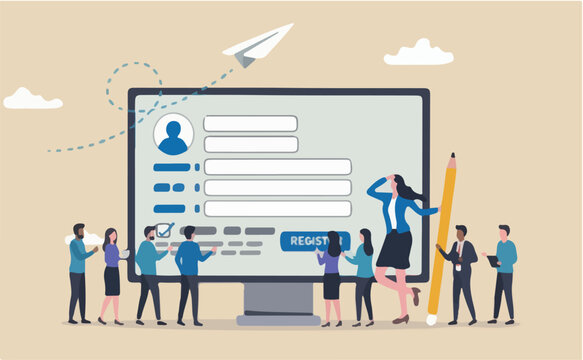 Register new user account, registration form or submission, sign up information online, apply new job or membership, self service concept, businesswoman with pencil complete online registration form