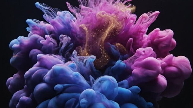 Vibrant ink cloud exploding in deep black water.