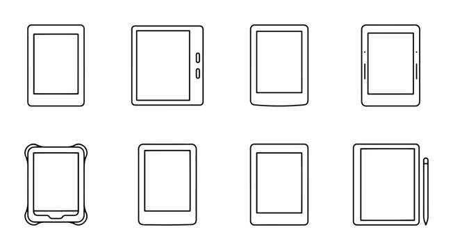 E-reader Icons Set, Digital Tablet Device Collection, Electronic Book Reader Graphics, Portable Gadget Vector Illustrations