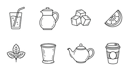 Beverage Icons Set: Refreshments, Tea, Coffee, Citrus, Sugar Cubes, Mint Leaves, Vector Graphics © IconCrown123