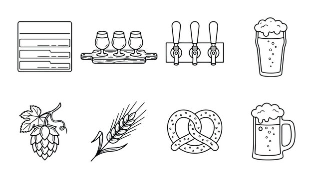 Beer Icons Set: Tasting Glasses, Taps, Mugs, Hops, Wheat, Pretzel, Menu Board Vector Graphics