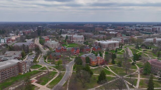 Robert S. Linton Hall aerial view in Michigan State University in East Lansing, Michigan MI, USA. This building is the home of College of Arts and Letters. 