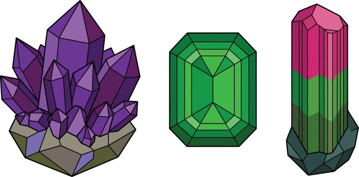 Vibrant vector illustration showcasing a cluster of purple amethyst crystals a faceted emerald gemstone and a polished pink tourmaline mineral