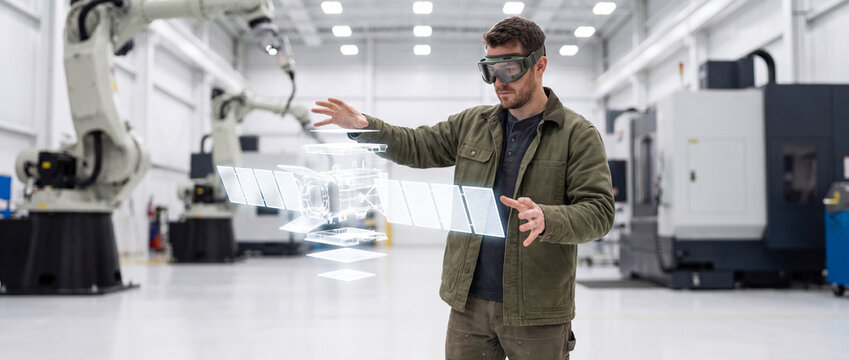 Engineer wearing smart glasses interacting with a holographic satellite in a robotics factory