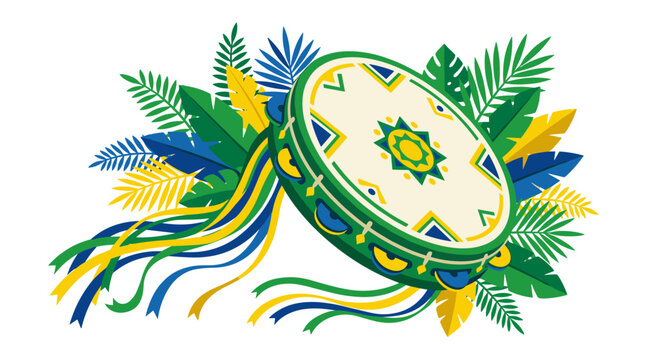 Brazilian Tamborim Drum with Tropical Leaves and Ribbons in National Colors