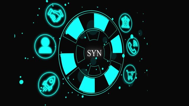 Futuristic Neon Business Ecosystem Infographic with Digital Technology Icons SYN System Software Automation 