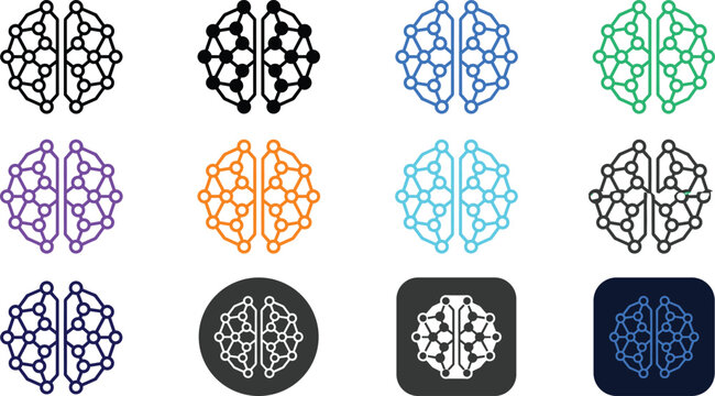 Artificial intelligence brain icon set with neural network nodes for digital deep learning technology cyber security creative thinking and mental health logo vector