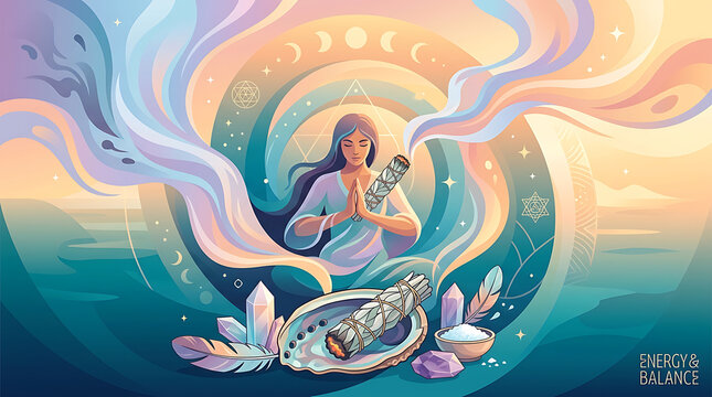 Serene woman meditating with smudging ceremony, peaceful wellness concept