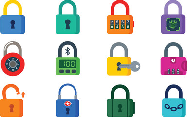 Padlock icon set with colorful lock symbols for security access privacy safety data protection encryption smart key and combination locking device vector © Rajkumar
