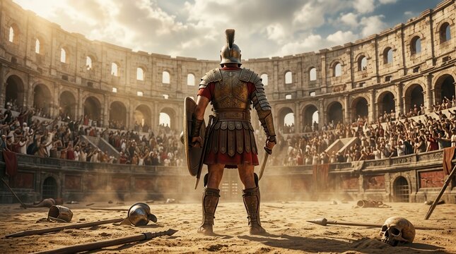 An ancient Roman gladiator standing in the center of the Colosseum arena.