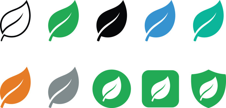 Green leaf icon set with organic natural foliage silhouette inside circle square and shield badge for eco friendly environment logo vector