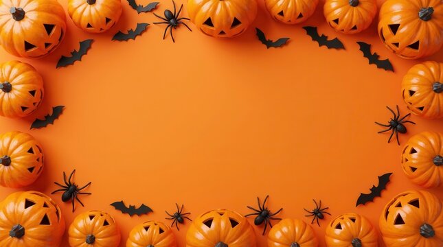 Halloween background featuring carved pumpkins, black bats, and spooky spiders.
