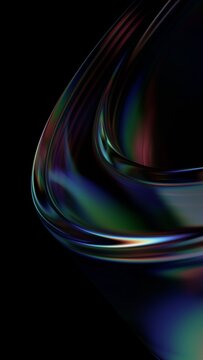 Abstract minimalist glass shape on a black background with color refraction effect, vertical 3d render