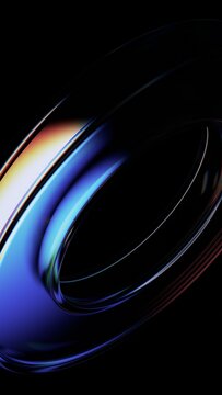 Abstract minimalist glass shape on a black background with color refraction effect, vertical 3d render