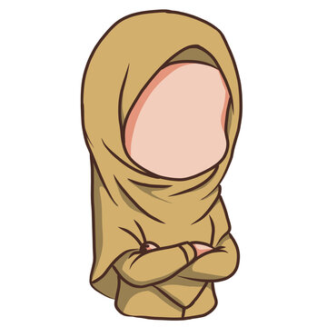 Chibi Faceless Muslim Woman in Khaki Hijab Crossing Arms Illustration