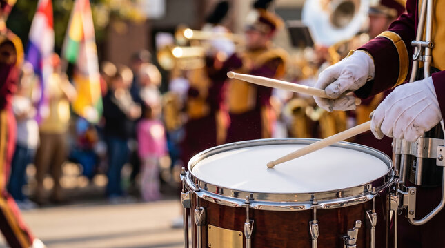 A marching band drummer in a distinctive uniform passionately performs on a snare drum during a spirited outdoor parade event