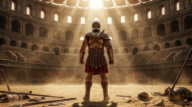 Roman gladiator in full armor facing a massive crowd inside the Colosseum.
