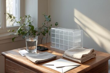 Fototapeta premium Clear Storage Organizer With Towels on Wooden Table