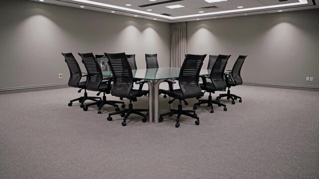 Modern corporate boardroom with a glass table and black chairs in an empty, minimalist office space, a professional setting for business meetings, presentations, and collaborative discussions
