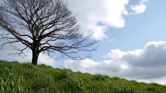 Leafless tree on grassy hill under cloudy sky.