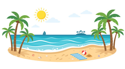 Fototapeta premium A vibrant cartoon illustration of a tropical beach scene with palm trees, blue ocean, a sunny sky, and beach accessories.