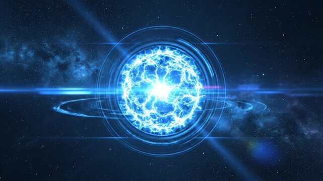 Luminous blue energy sphere in dark galactic space background.