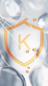 Phylloquinone Vitamin K golden shield symbol in 3D animation. Blood coagulation molecular structure background with transparent liquid cells for medicine and hematology video
