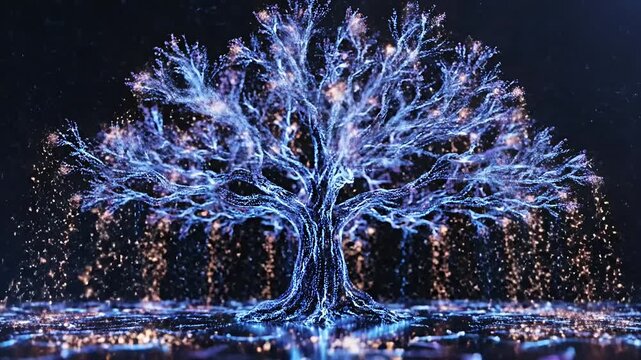 Luminous digital tree with neural network data connections.