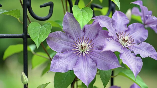 Beautiful purple clematis flowers blooming on a garden trellis with green leaves