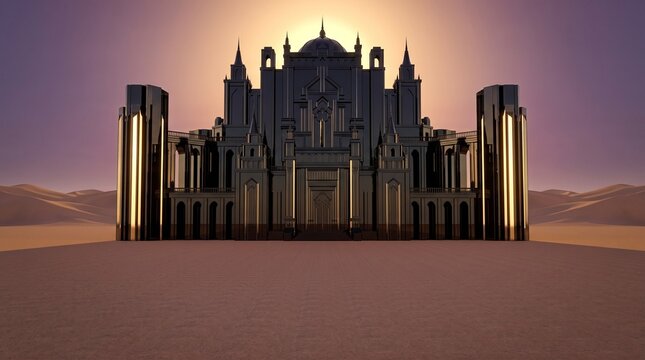 Symmetrical monolithic black obsidian palace centered in the desert