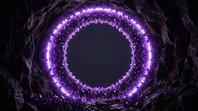 Symmetrical interior of purple amethyst geode cavern centered